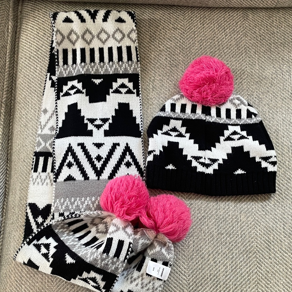 Joe Boxer Black and White Knit Hat and Scarf Set with Pink Pom-Poms